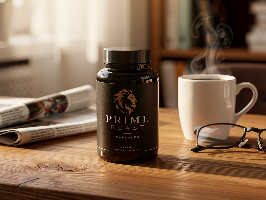 Balenie Prime Beast na drevenom stole vedľa šálky kávy, ranná atmosféra